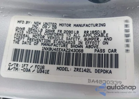 2010 Toyota Corolla Le from USA, damaged, VIN 1NXBU4EEXAZ243068